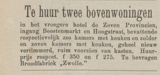 <p>In 1881 wordt het logement met stalling en het huis aan de Hoogstraat eigendom van E. Helder. Volgens bijgaand krantenbericht uit 1882 heeft hij, waarschijnlijk op de verdieping, de ruimte ingedeeld in twee afzonderlijke bovenwoningen (www.delpher.nl). </p>
